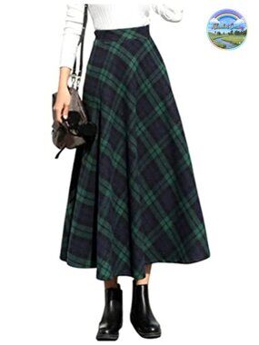 Womens Plaid Wool A-Line Pleated Maxi Long Skirt Elastic Waist